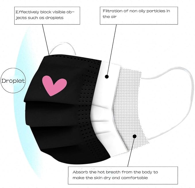 50pcs Cute Disposable Face Masks, Pink And Black Masks with Hearts Printed, 3-Ply Full Face Protection for Women Teen Girls