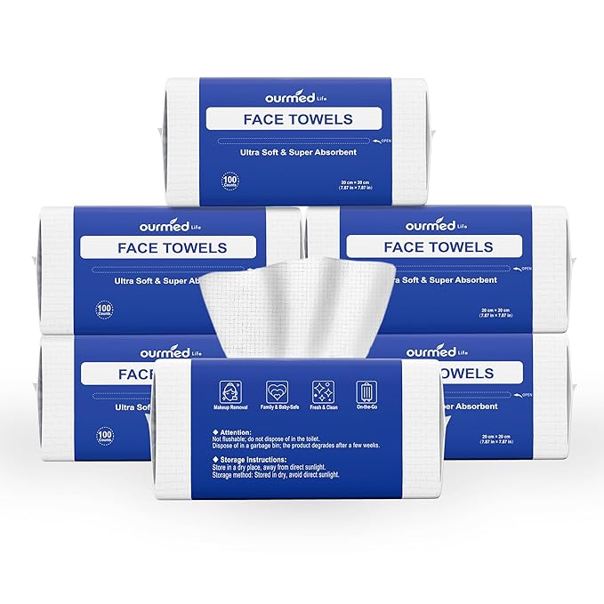 Ourmed Life Face Towels, Disposable Biodegradable Clean Facial Wash Cloth for Sensitive Skin, Lint- free Facial Towels for Cleansing, Skincare and Makeup Remover, Dry Wipes,600 Count,EF texture