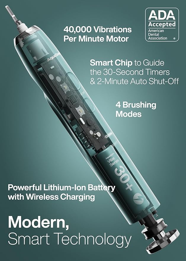 Aquasonic Vibe Series Ultra-Whitening Toothbrush – ADA Accepted Power Toothbrush - 8 Brush Heads & Travel Case – 40,000 VPM Motor & Wireless Charging - 4 Modes w Smart Timer – Mint Green Metallic