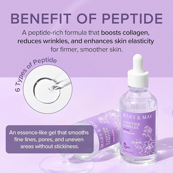 Mary&May 6 Peptide Complex Serum - Korean Anti-Aging Face Treatment for Wrinkle Reduction, Skin Firmness & Hydration, EWG Verified, Fragrance Free, 2.71 fl.oz.
