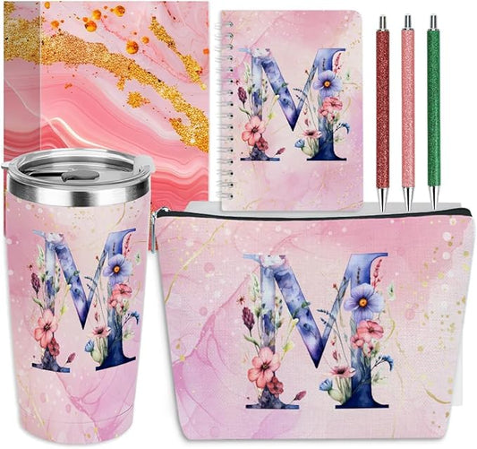 Personalized Gifts Monogrammed Birthday Gifts for Women, Her, Teacher Mother in Law Wedding Christmas Initial 20 oz Tumbler, Makeup Bag Cup Pens Journal Notebook 6 Set, (Aesthetic Pink Flower M)