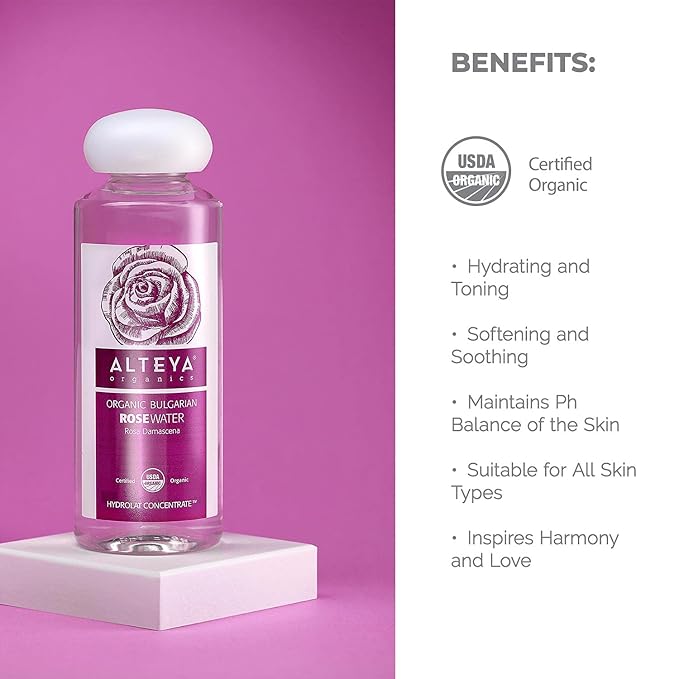 Alteya Organics Rose Water USDA Certified Organic Facial Toner, 8.5 Fl Oz/250mL Pure Bulgarian Rosa Damascena Flower Water, Award-Winning Moisturizer BPA-Free Bottle with Reducer
