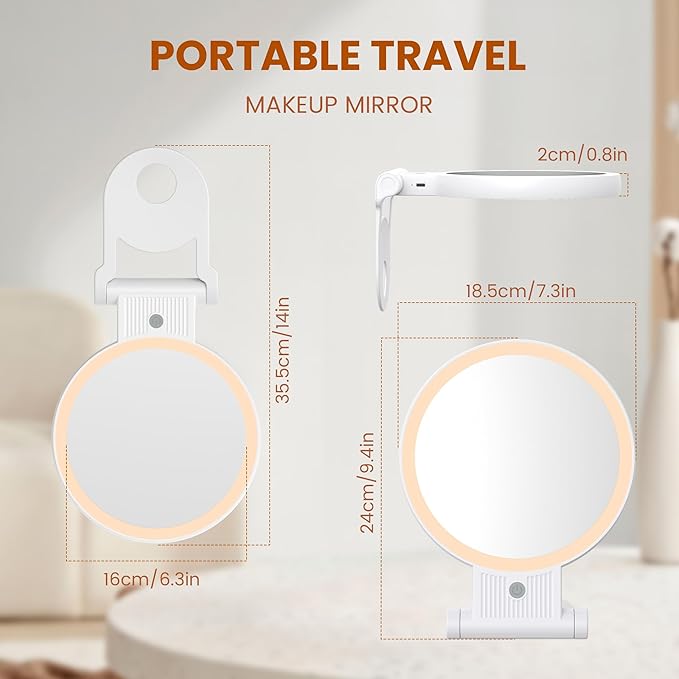 Lighted Makeup Mirror with 1X/30X Magnification, 3 Color Dimmable Lights, 2000mAh Rechargeable Double-Sided/Switch Vanity Mirror, 360° Swivel Tabletop & Hanging Design, Adjustable Brightness