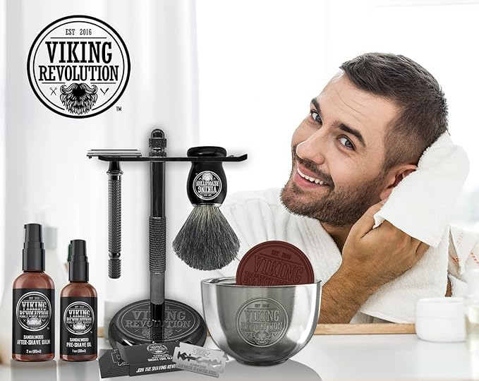 Viking Revolution Luxury Safety Razor Shaving Kit - Includes Double Edge Safety Razor, Stand, Bowl, After-Shave Balm, Pre-Shave Oil, Badger Brush - Safety Razor Kit