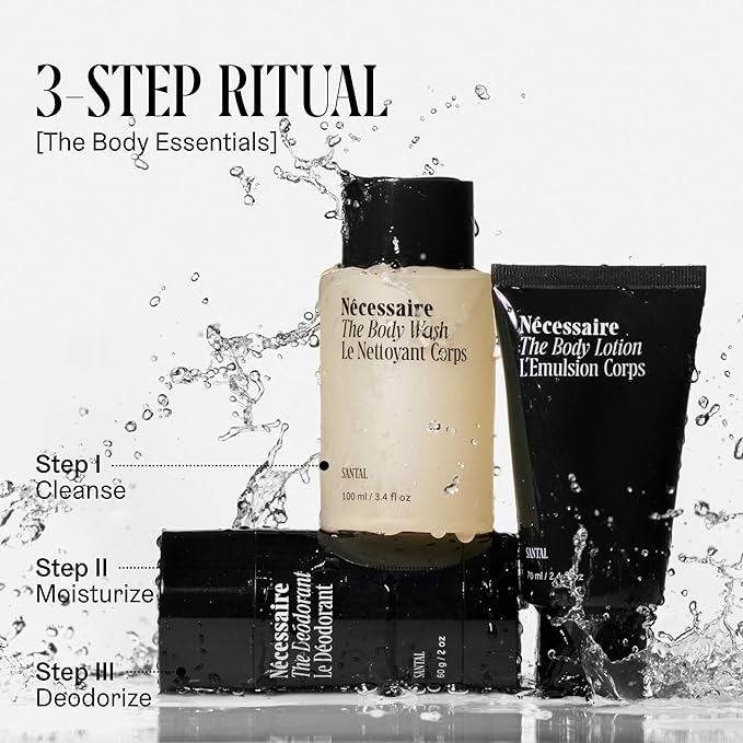 Nécessaire Body Essentials Set – Travel-Size Body Wash, Body Lotion + Deodorant | For Women + Men | Dermatologist-Tested. Hypoallergenic | Aluminum-Free Deodorant (2.5 Ounce (Pack of 1), Santal)