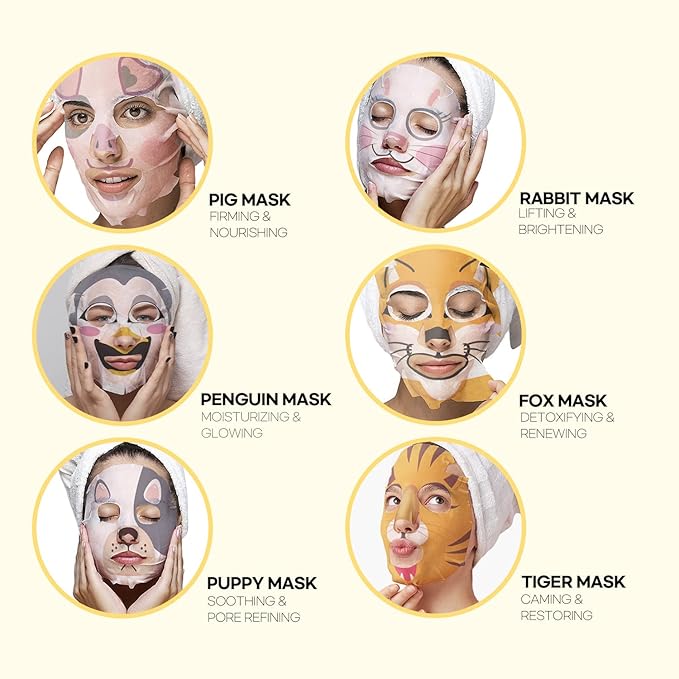 Epielle Animal Character Sheet Masks 12 Pack, Hydrating & Moisturizing Korean Face Mask Skincare Set, Spa Day, Birthday Party, Self Care Gifts for Women