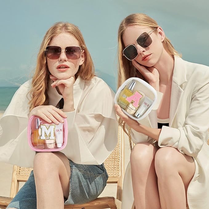 YOOLIFE Initial Make Up Bag Travel Toiletry Bag, Clear Makeup Bag Preppy Cosmetic Bags Organizer Travel Essentials Gifts for Women Teen Girlfriend Teacher Mom Birthday Mothers Day Gifts White E