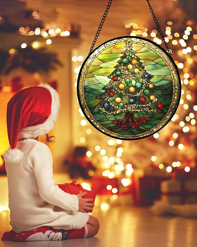 Stained Glass Window Hanging - Green Christmas Tree Gold Ribbon Suncatcher for Doors Home Christmas Decoration Sun Catcher Thanksgiving New Year Birthday Gifts for Women Men Mom Nana 6.3 in