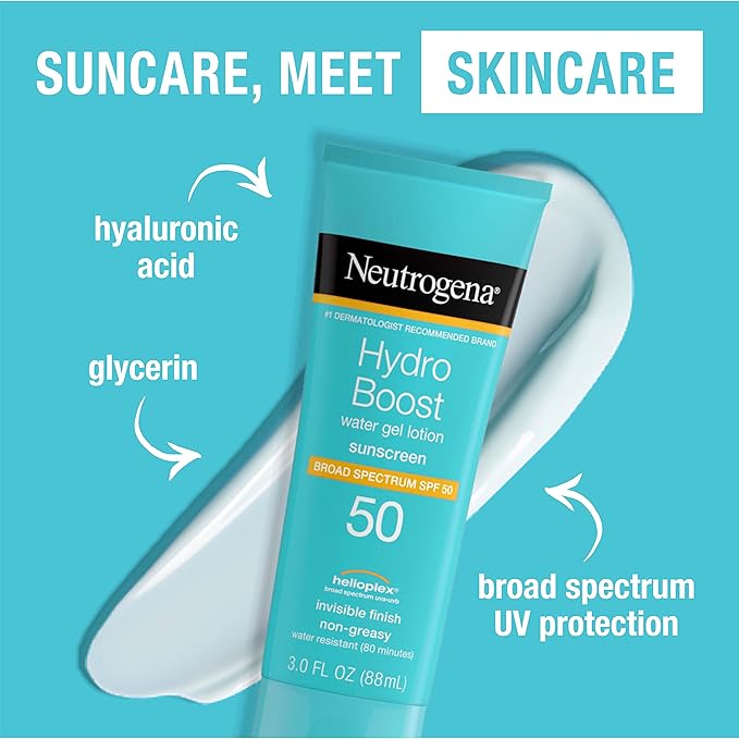 Neutrogena Hydro Boost Moisturizing Water Gel Sunscreen Lotion with Broad Spectrum SPF 50, Water-Resistant & Non-Greasy Hydrating Sunscreen Lotion, Oil-Free, 3 fl. oz, 3 Pack
