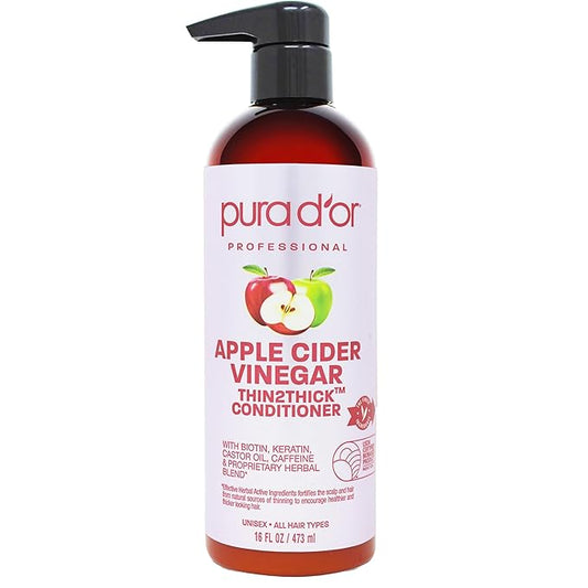 PURA D'OR 16 Oz Apple Cider Vinegar Thin2Thick Conditioner - Biotin, Keratin, Caffeine, Castor Oil & Key Active Ingredients for All Hair Types, Men & Women