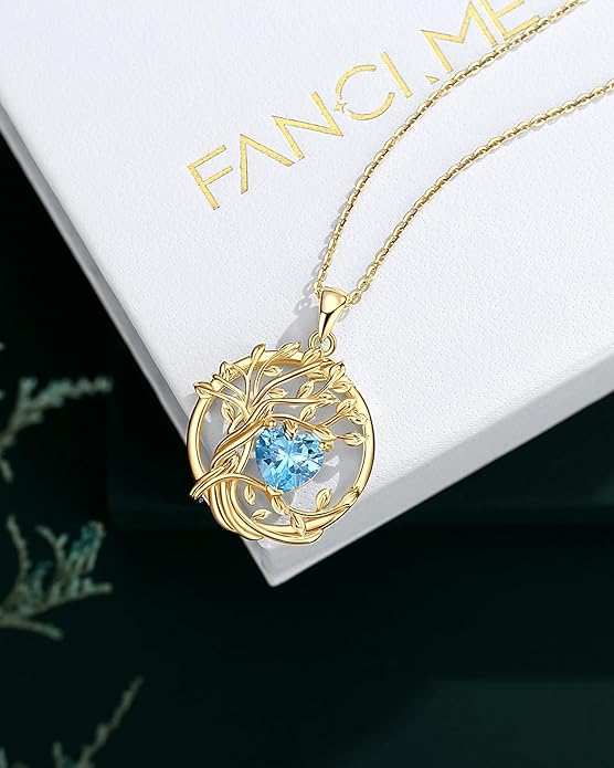 FANCIME Tree of life Birthstone necklace Sterling Silver Pendant Birthstone Necklace Gemstone Anniversary Birthday Jewelry Christmas Gifts for Mom Her Wife