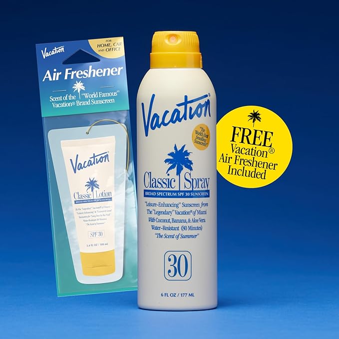 Vacation Classic Sunscreen Spray SPF 30 & Air Freshener Bundle, Water-Resistant, Lightweight, Transparent on All Skin Tones, Dermatologist-Tested, Vegan, 6 Fl. Oz.