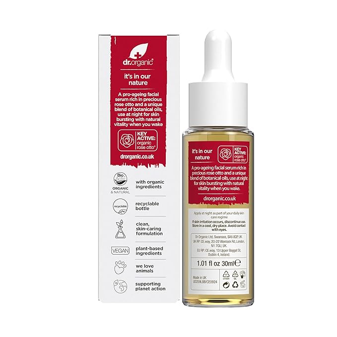 Dr. Organic Rose Otto Facial Serum | Nourishes and Smoothes Skin, Promotes Healthy Aging, Natural, Certified Organic, Paraben & SLS-Free, 30 mL / 1 fl oz