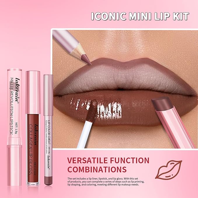 3PCS Lip Liner and Lipstick Combo Set - Matte Lip Liner Pencil, Velvet Matte Lipstick & Hydrating Collagen Lip Gloss - Long-Lasting, Smudge-Proof, High Pigment Nude Pink Lip Makeup Kit (Set 1, 3)