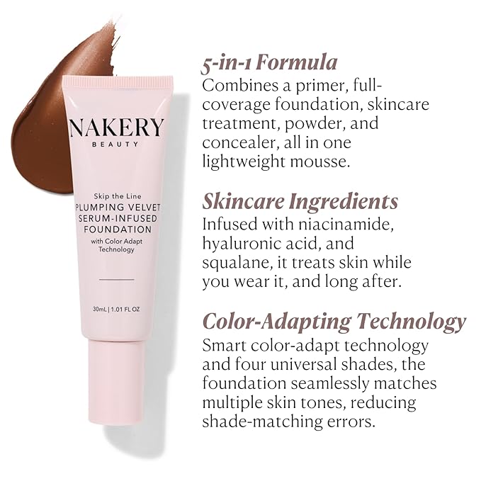Nakery Full Coverage Plumping Liquid Foundation - Serum Infused Makeup with Niacinamide & Hyaluronic Acid for All Skin Types - Medium