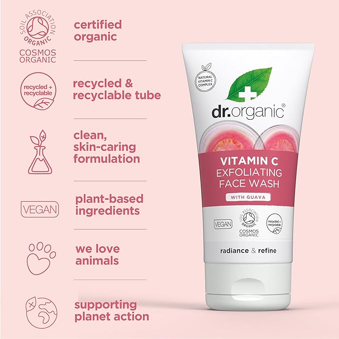 Dr. Organic Vitamin C Exfoliating Face Wash | Illuminating & Brightening for Dry Skin, Rich in Vitamin C, Certified Organic, Paraben & SLS-Free, Cruelty-Free, Natural, Vegan, 150 mL / 5 fl oz