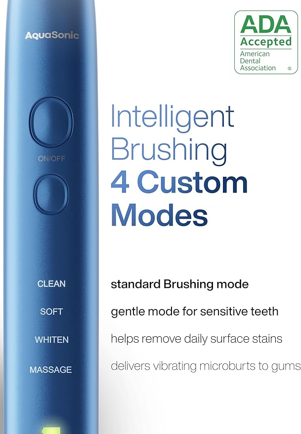 Aquasonic Vibe Series Ultra-Whitening Toothbrush – ADA Accepted Electric Toothbrush - 8 Brush Heads & Travel Case – 40,000 VPM Motor & Wireless Charging - 4 Modes w Smart Timer – Sapphire Blue