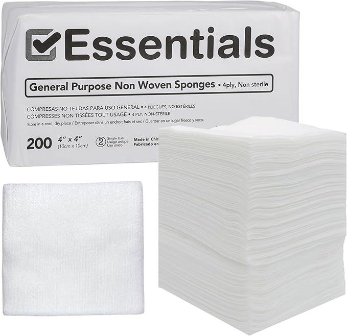 Essentials Non-Sterile Gauze Sponges - 200 Count, 4-Ply, 4'' x 4'' Pads, Non-Woven, Wound Care Product for First Aid Kit/Medical Facilities