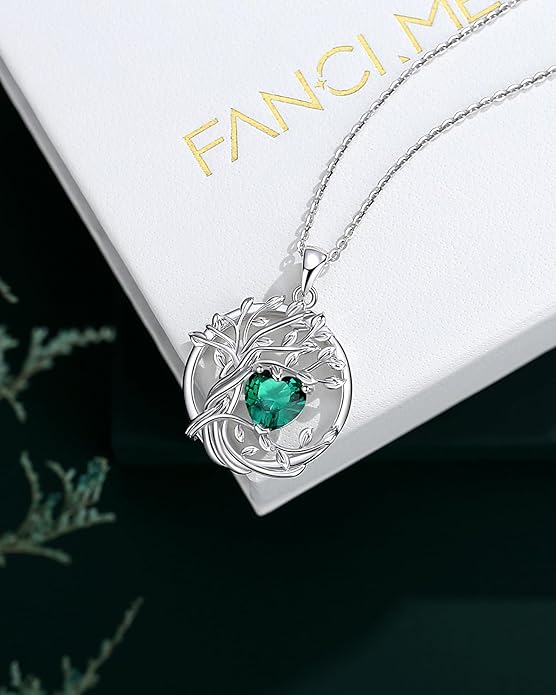 FANCIME Tree of life Birthstone necklace Sterling Silver Pendant Birthstone Necklace Gemstone Anniversary Birthday Jewelry Christmas Gifts for Mom Her Wife