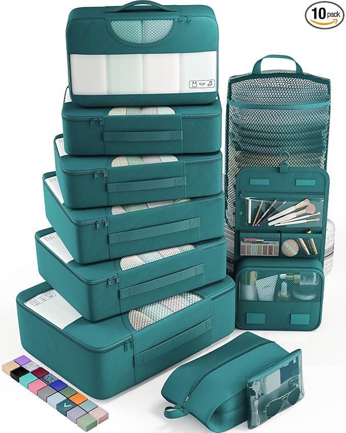 Veken 10 Set Packing Cubes for Travel Essential, Suitcase Organizer Bags in 4 Sizes, Carry-On Luggage Accessories with Large Laundry & Hanging Toiletry Bag, Must-Have for Airplane, Road Trip & Camping
