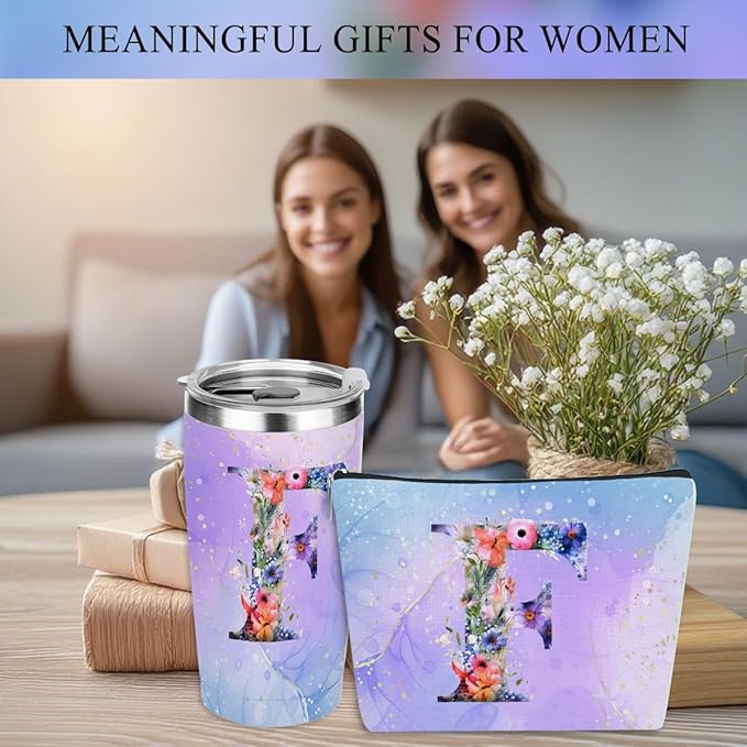 Personalized Gifts Monogrammed Birthday Gifts for Women, Aunt Grandma Retirement Christmas Initial 20 oz Tumbler, Makeup Bag Cup Ballpoint Pens Journal Notebook 6 Set, (Aesthetic Purple Flower F)
