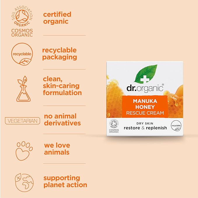 Dr. Organic Manuka Honey Rescue Cream | Nourishing and Soothing Face Cream for Dry Skin, Intensive Hypoallergenic Emollient, Certified Organic, Paraben & SLS-Free, Natural, 50 ml / 1.7 fl oz