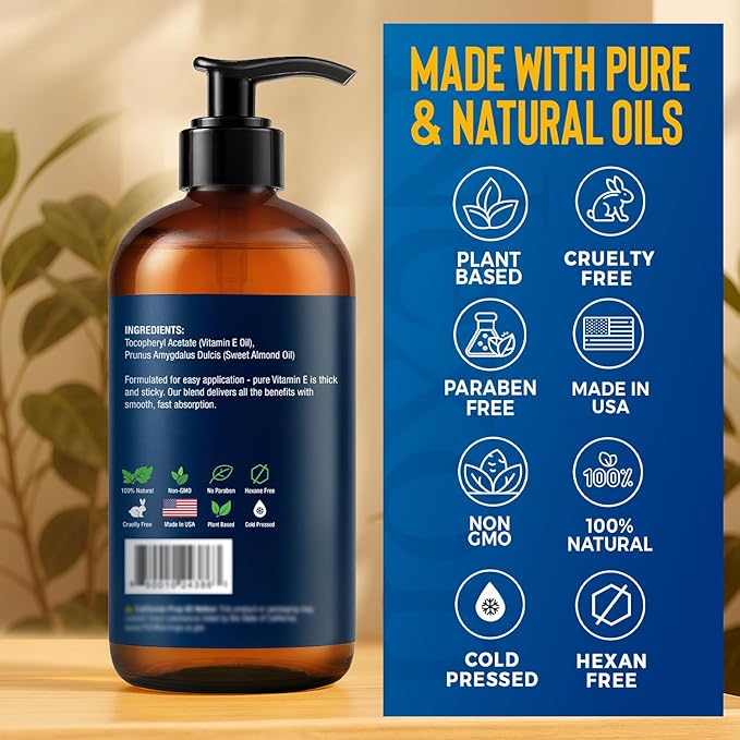 Nexon Botanics Vitamin E Oil 8 fl oz - 30,000 IU - Natural Moisturizer for Skin, Scars, Face & Stretch Marks - Made with d-Alpha Tocopherol & Sweet Almond Oil