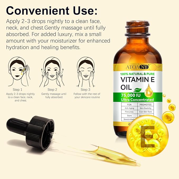 Vitamin E Oil, 75,000 IU Organic Pure Vitamin E Oil for Tightening Plump Skin, Reduce Fine Lines & Scars, Moisturizing Skin, Face & Full Body- 2Fl Oz