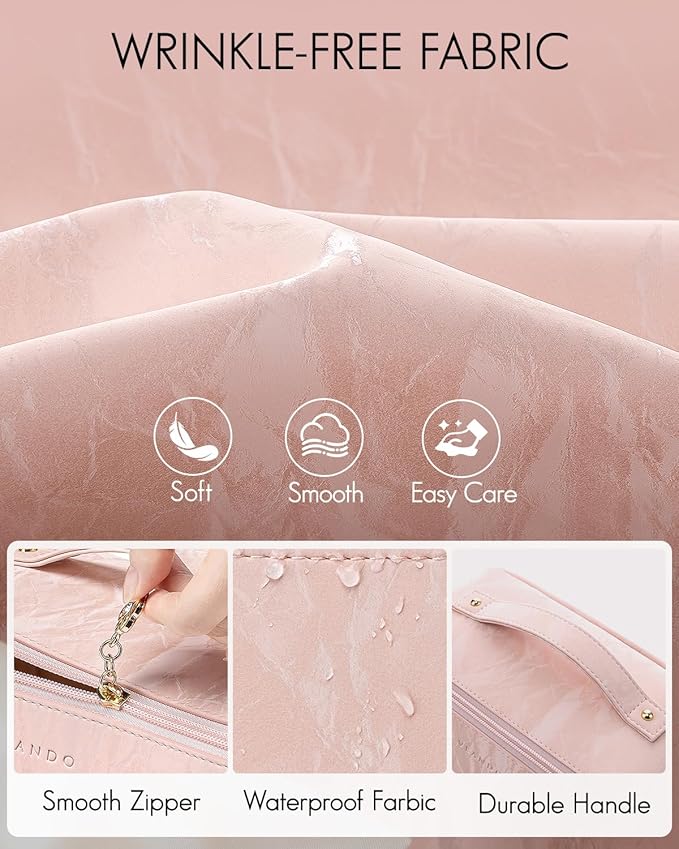 Vlando Makeup Bag,Large Capacity Toiletry Bag for Women Waterproof Portable Make up Pouch PU Leather Open Flat Cosmetic Bag(Sand Pink)