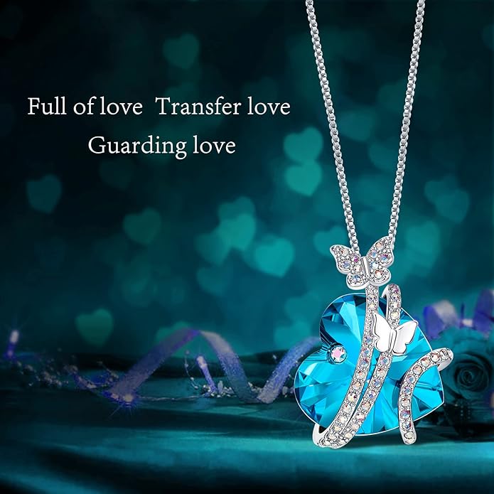 ASELFAD Butterfly Love Heart Pendant Necklace with Crystals, Anniversary Birthday Jewelry for Women Mom Grandma Wife Girlfriend
