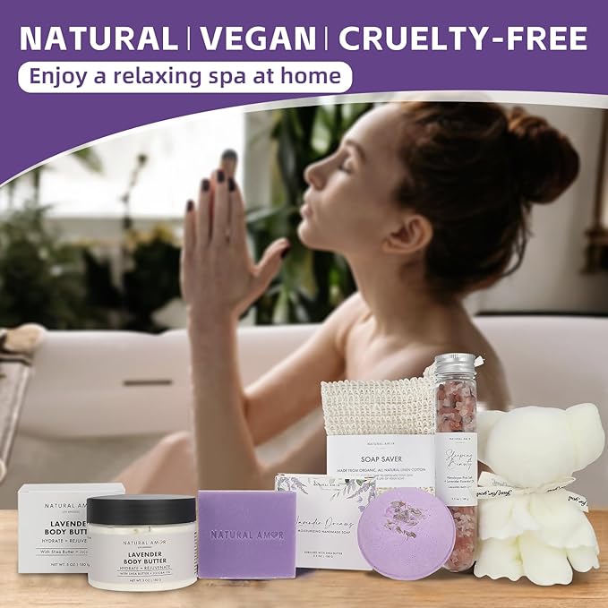Natural Amor Lavender Spa Gift Set 6 PCs– Handmade Self-Care Box with Body Butter, Bath Bomb, Soap, Bath Salt, and More – Relaxing Lavender Gift for Women