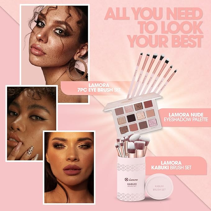 Lamora Eyeshadow Brush Set - Precision Eyeshadow Brushes For Blending Smudging Shading Defining Powdered and Liquid Eye Make-Up - 7Pc Pro Eye Makeup Brushes With Vegan Bristles