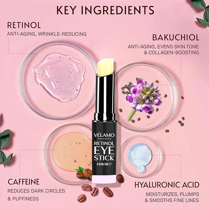 VELAMO ADVANCED Retinol Eye Stick: Retinol Eye Cream for Dark Circles and Puffiness with 1% Bakuchiol and Caffeine - Visibly Reduces Fine Lines Wrinkles Under Eye Bags with Upgraded Formula 0.1 OZ/3g