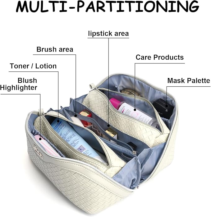 BOYATU Travel Makeup Bags for Women: Large Cosmetic Bag - Vegan Leather Make up Bags Set of 3 - Protable Toiletry Bag Compact Organizer with Compartments (L09 Beige)