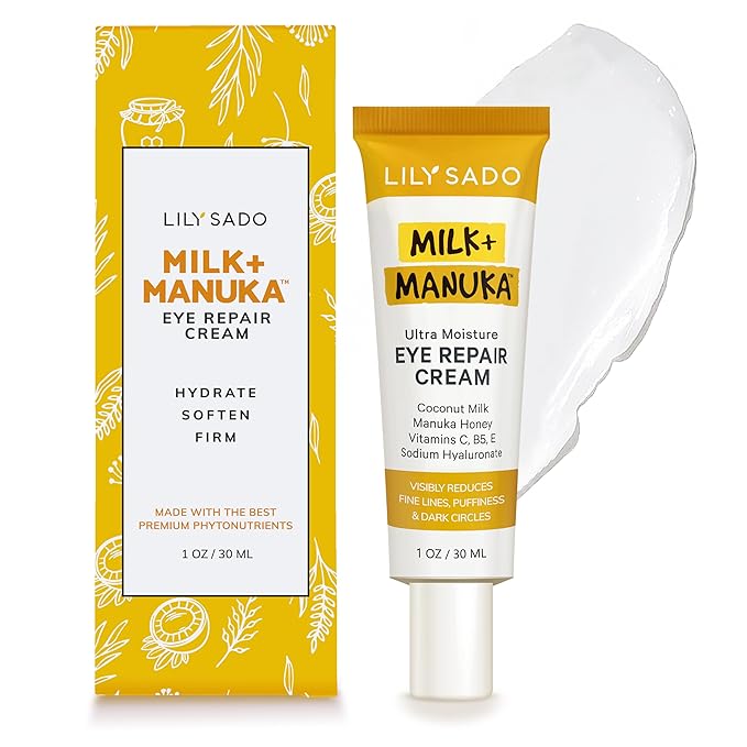 LILY SADO MILK+MANUKAโข Eye Repair Cream - Anti-Aging Natural Gentle Formula w/Coconut Milk, Manuka Honey, Sodium Hyaluronate & VITS C, B5 & E - Prevents Puffiness, Under-eye Wrinkles & Eye Bags - 1oz