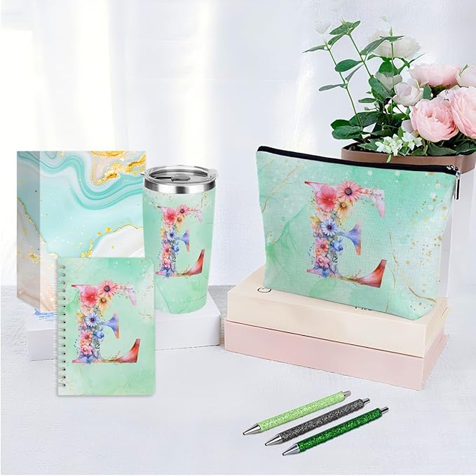 Personalized Gifts Monogrammed Birthday Gifts for Women, Daughter Bestie Friendship Christmas Initial 20 oz Tumbler, Makeup Bag Cup Ballpoint Pens Journal Notebook 6 Set, (Aesthetic Green Flower E)