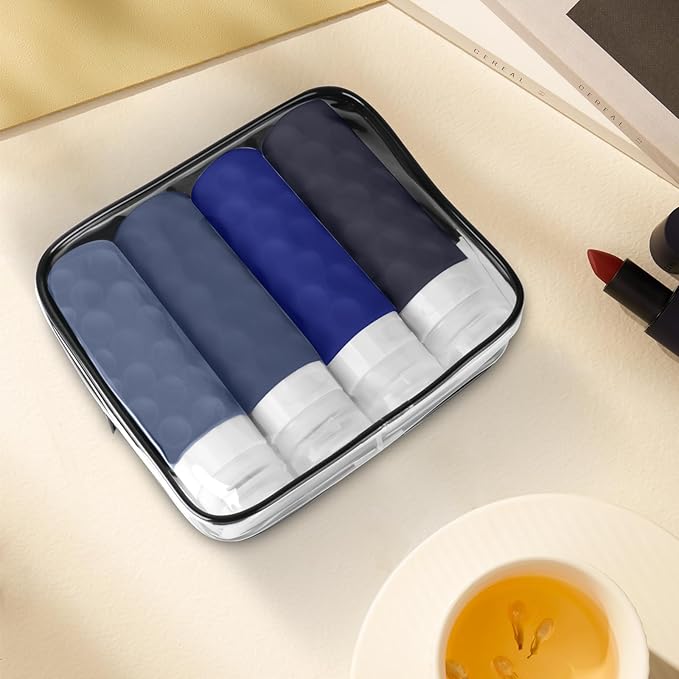 Travel Bottles for Toiletries, 4pcs Tsa Approved 3oz Travel Size Containers, BPA Free Leak Proof Premium Silicone Bottles, Refillable Liquid Squeezable Accessories W/Toiletry Bag (Blue)