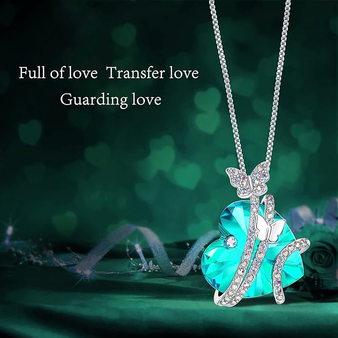 ASELFAD Butterfly Love Heart Pendant Necklace with Crystals, Anniversary Birthday Jewelry for Women Mom Grandma Wife Girlfriend