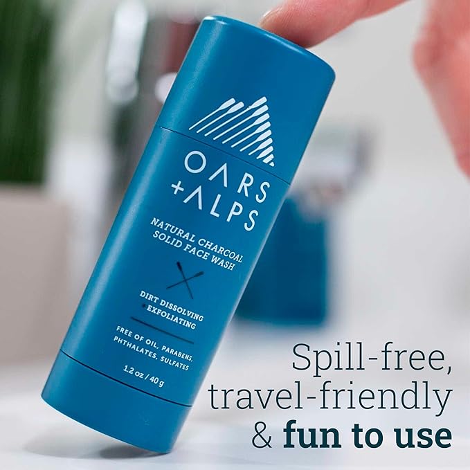 Oars + Alps Exfoliating Face Wash Stick, 2-in-1 Facial Cleanser & Exfoliant with Activated Charcoal, Alpine Moss, Dermatologist Tested, Spill Free, Travel Size, 1.2 Oz