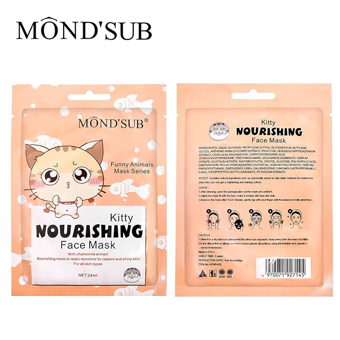 Animal Spa Beauty Mask, Character Masks Sheet-(Pack of 5) KITTY Cat Firming Nourishing & Moisturizing Effects For All Skin Types- Birthday Party Gift for her, Girls Night, Spa Night, Beauty Gift