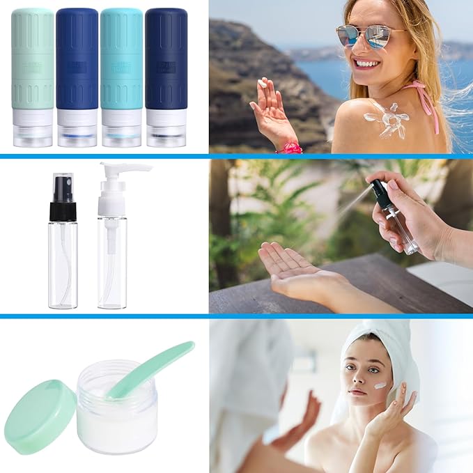 GLAMFIELDS Travel Bottles for Toiletries,TSA Approved 3.3oz Size LeakProof Silicone Toiletry Containers for Shampoo, Conditioner,Easy to Squeeze,Portable Travel Essentials for Lotion(18 Pack) Blue