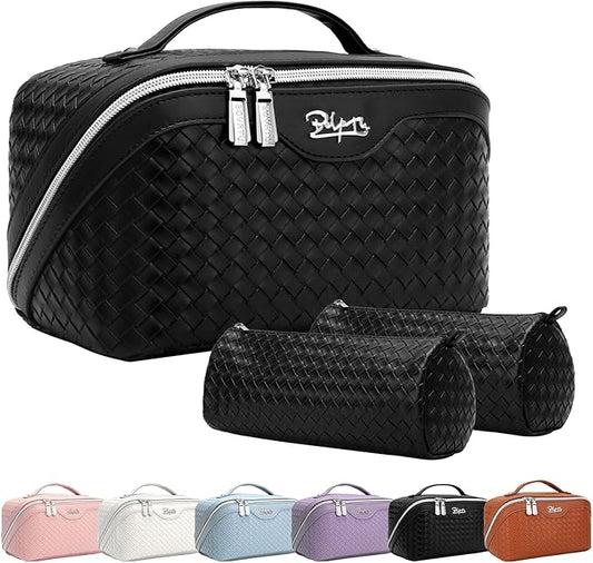 BOYATU Travel Makeup Bags for Women: 3 Pcs Large Make up Bags Set - Vegan Leather Cosmetic Bag for Traveling - Waterproof Toiletry Organizer (L03 Black)