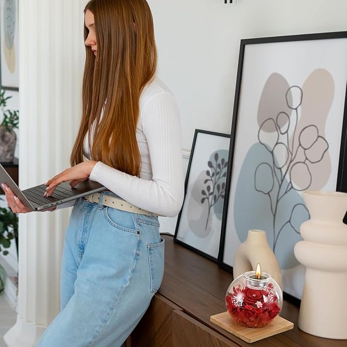 Eternal Preserved Real Rose, Glass Dome Gift Set with 18 Scented Candles (9 Vanilla,9 Lavender), Mother's Day Valentine Christmas Birthday Gift for Women Mom Girlfriend Wife Home Decor (White)