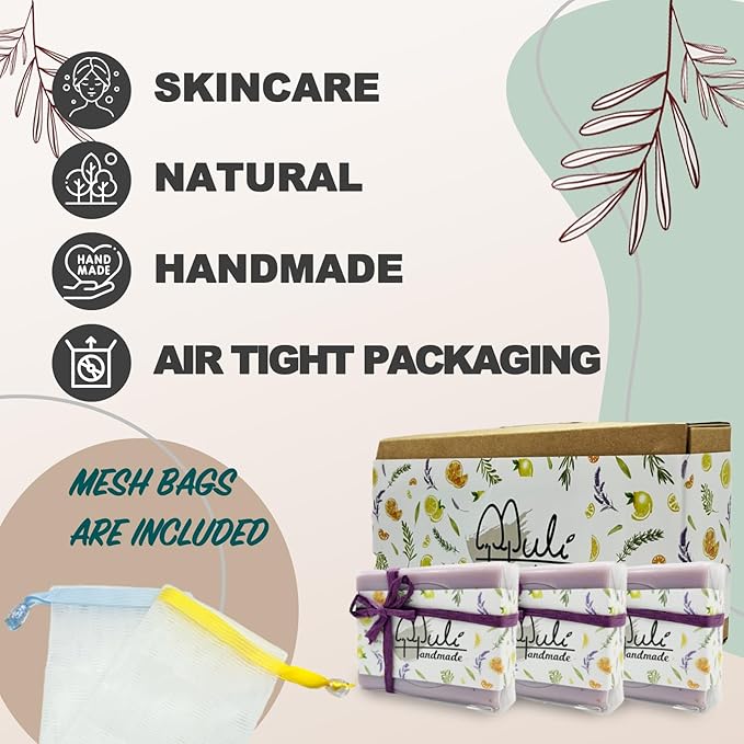 Natural Handemade Bar Soap for Men and Women with Essential oils, Scented Bar Soaps for Bath, Fragrance Gift Set (Pack of 3) Lavender