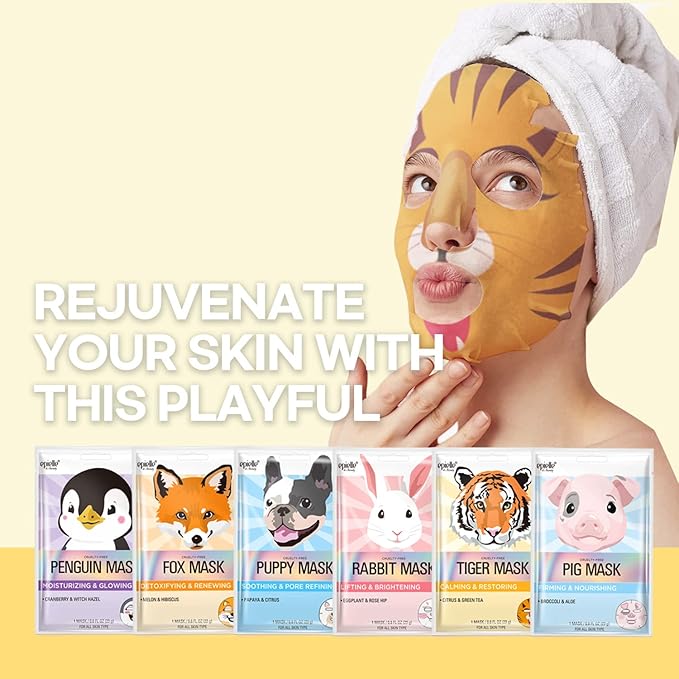 Epielle Animal Character Sheet Masks 12 Pack, Hydrating & Moisturizing Korean Face Mask Skincare Set, Spa Day, Birthday Party, Self Care Gifts for Women