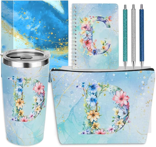 Personalized Gifts Monogrammed Birthday Gifts for Women, Boss Teacher Appreciation Christmas Initial 20 oz Tumbler, Makeup Bag Cup Ballpoint Pens Journal Notebook 6 Set, (Aesthetic Blue Flower D)