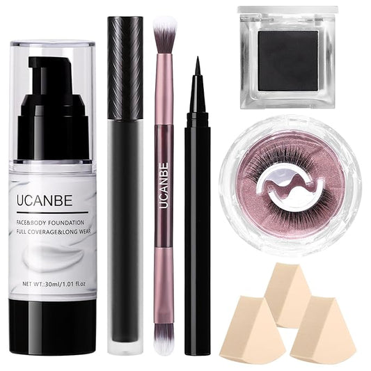 UCANBE Black Halloween Makeup Kit โ Skeleton Skull Vampire Gothic Makeup Set for SFX Cosplay Costume -Eyeshadow, White Foundation, Black Lipstick & Eyeliner, Self Adhensive Eyelashes, Brush & Sponges