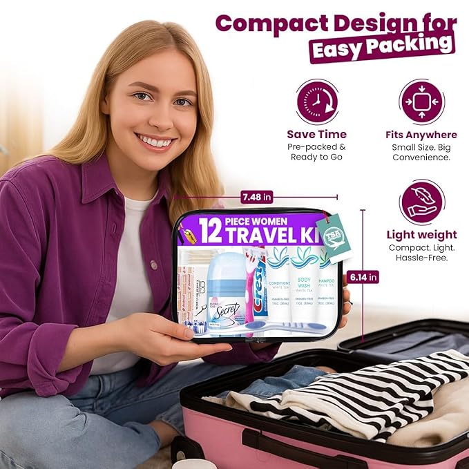Trektote Travel Toiletry Kit For Women – (100 Pack) 12 Piece Set Of Travel Size Toiletries, TSA Compliant, Travel Essentials, Includes Shampoo And Conditioner, Body Wash, Toiletry Bag & More