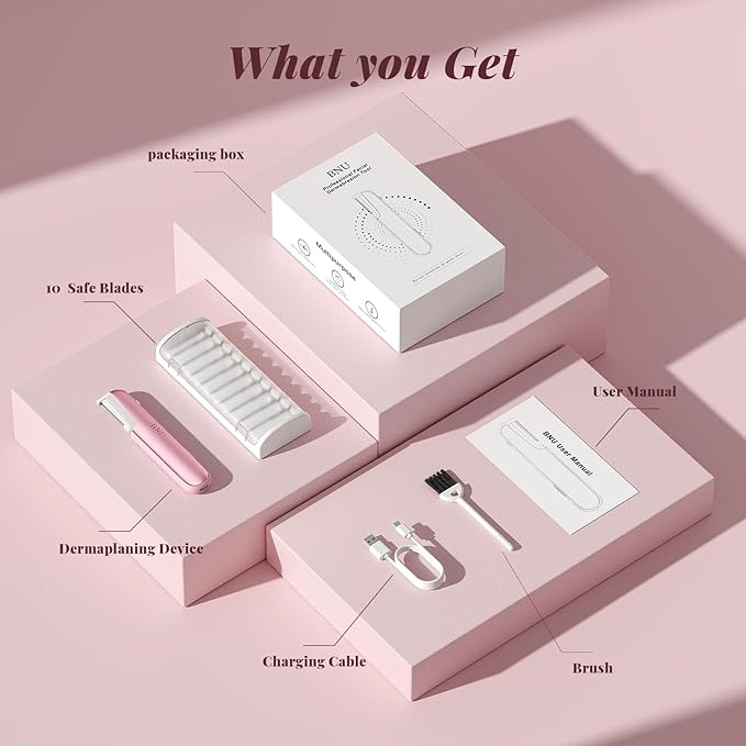Dermaplane Razor for Women Face, BNU Facial Hair Remover for Anti-Aging - Rechargeable - LED Light - Sonic Edges - 3 Speeds, Ergonomic Handle Face Dermaplaning Tool 10 Weeks, Pink