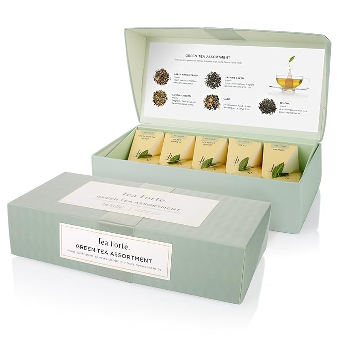Tea Forte Assorted Green Tea Petite Presentation Box Tea Gift Set Sampler, 10 Count, 2 of Each Variety Individually Wrapped Handcrafted Pyramid Infuser Bags